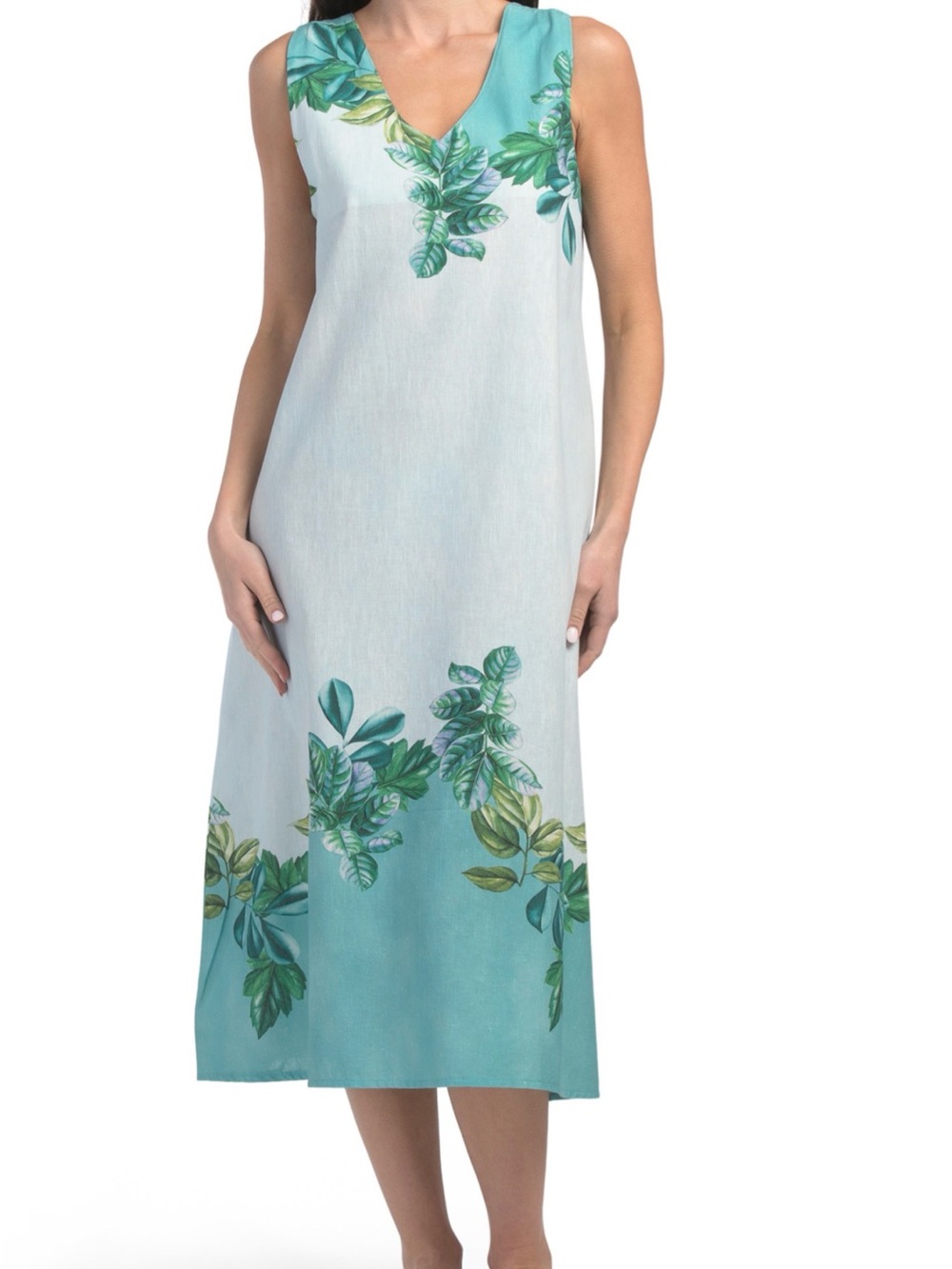 Made in Italy Sleeveless V-Neck Tropical Leaf Midi Dress in Aqua